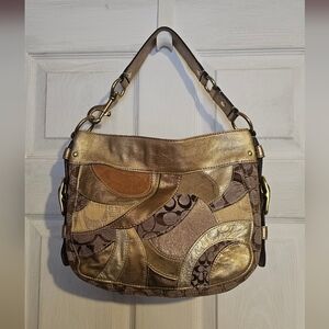 Coach Metallic Patchwork Signature Hobo Bag Gold Brown Y2K Shoulder Purse